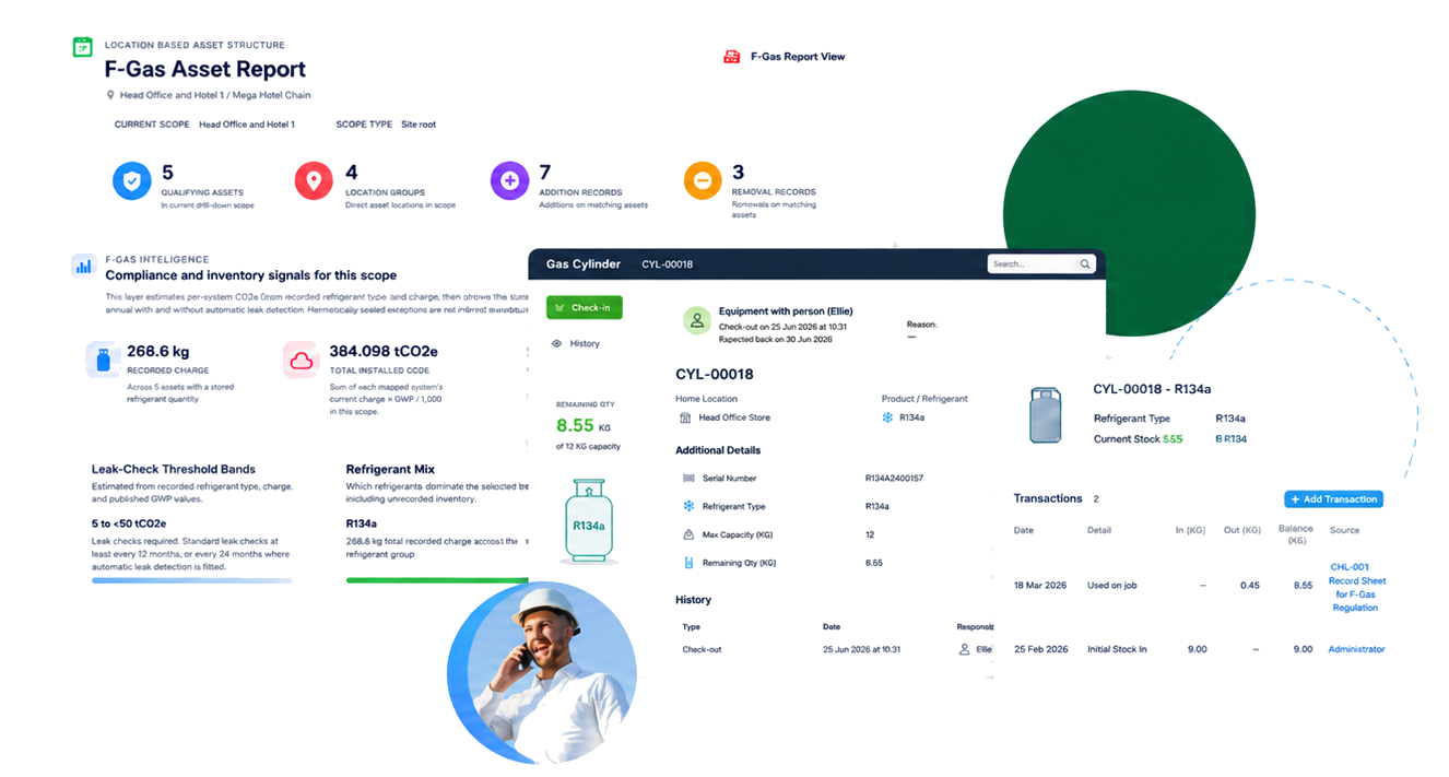 F-Gas operational activity and audit-ready platform view showing asset records, dashboards and refrigerant transactions