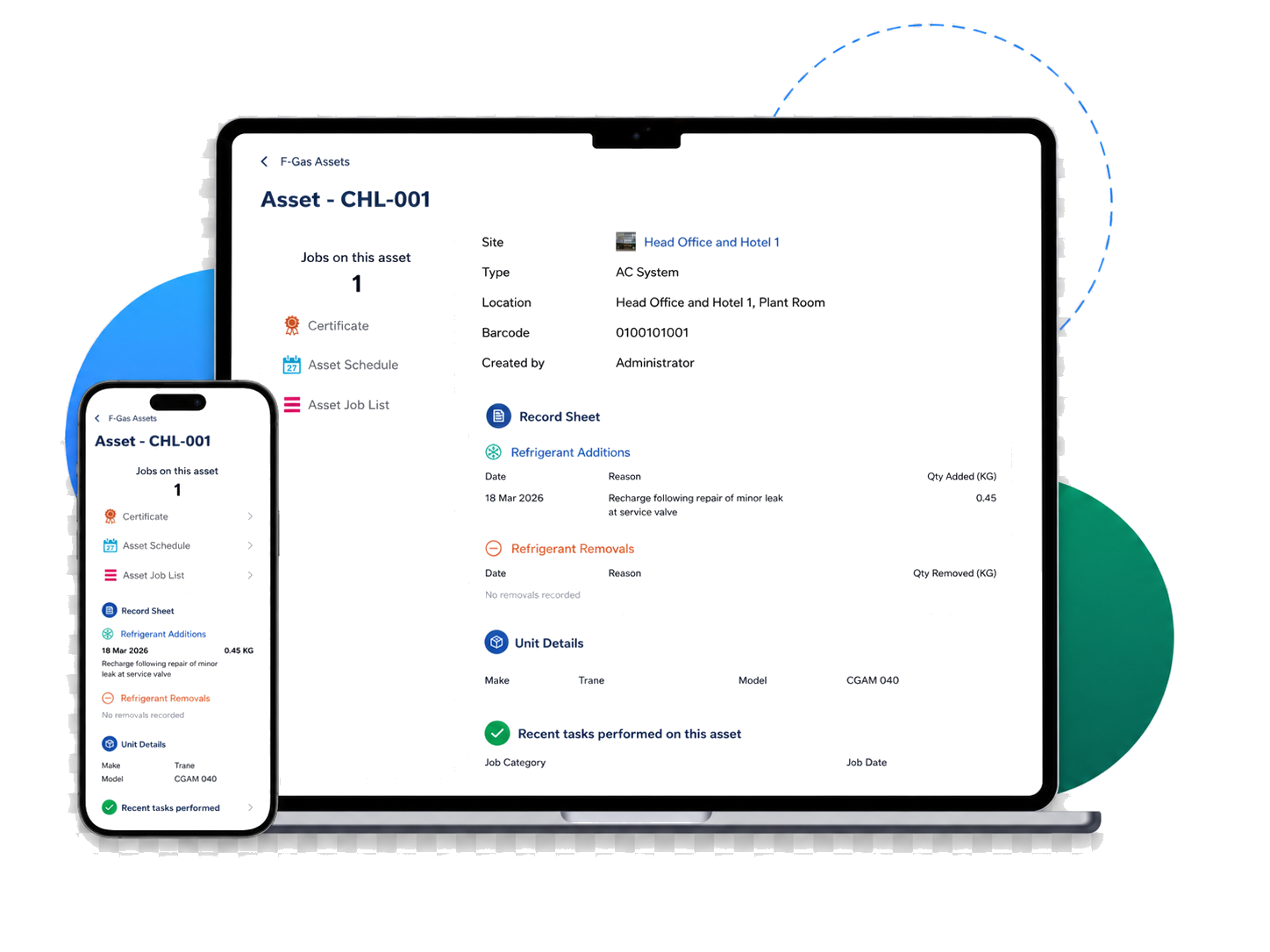 F-Gas asset record shown on mobile and laptop with refrigerant addition and removal history