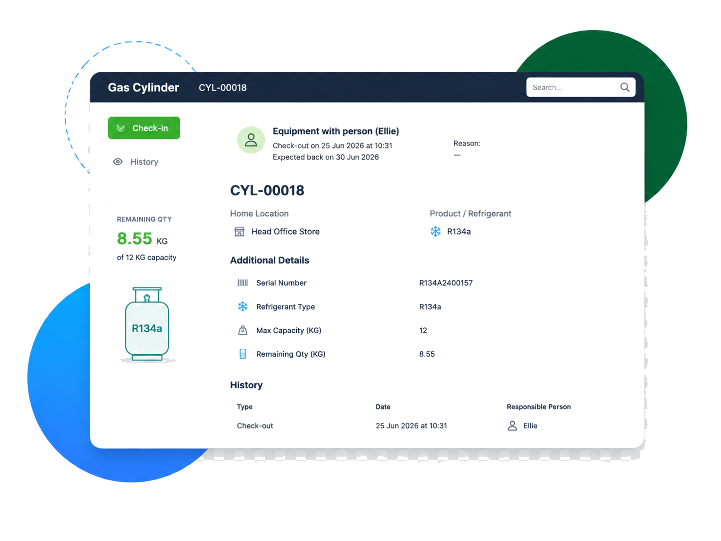 F-Gas cylinder audit trail dashboard showing refrigerant type and remaining quantity