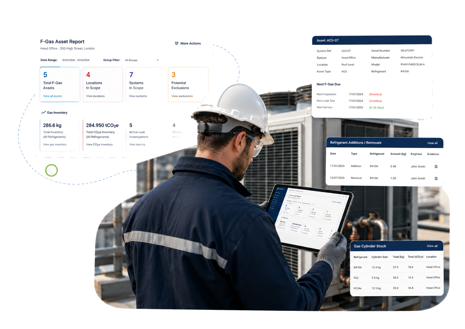 Engineer using a tablet with F-Gas asset report, refrigerant transactions and cylinder stock views